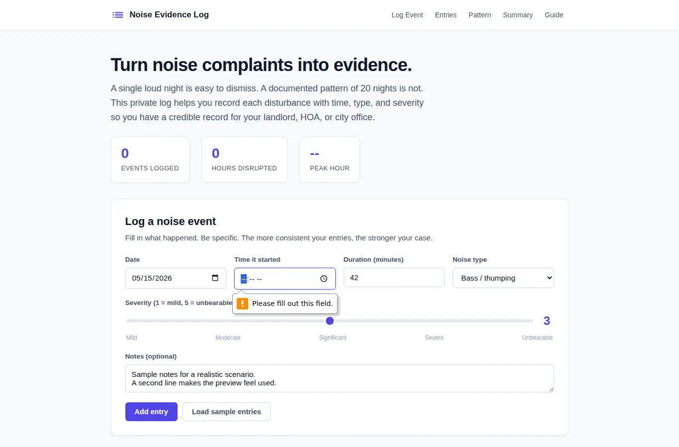Screenshot of Noise Complaint Evidence Log interface showing the project page in use